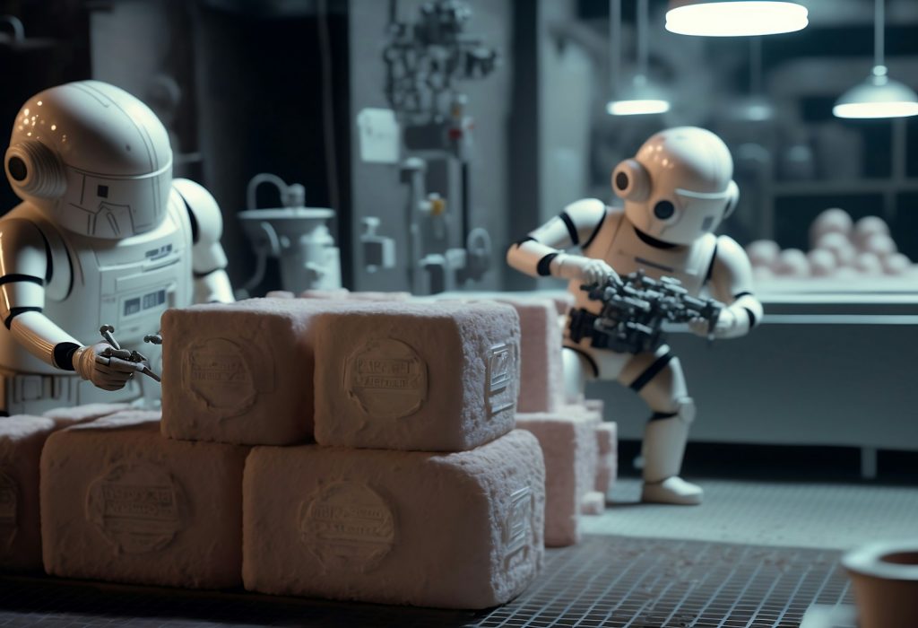 Amazon Selling , a robot holding a gun next to a pile of rolls of toilet paper